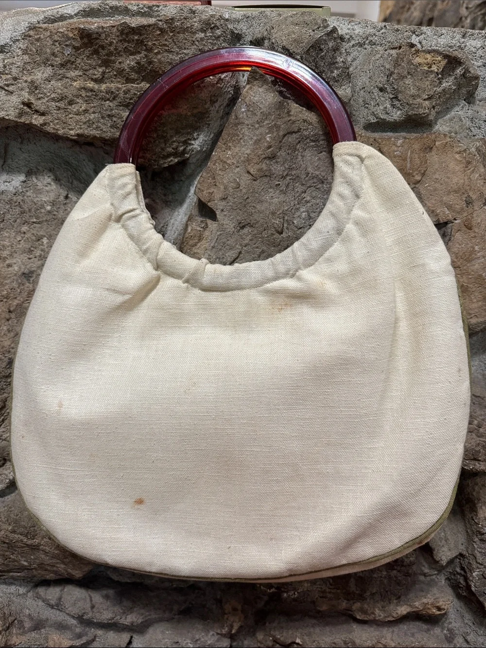 Vintage Cream Hobo Bag with Red Handles and Embroidered Floral Design